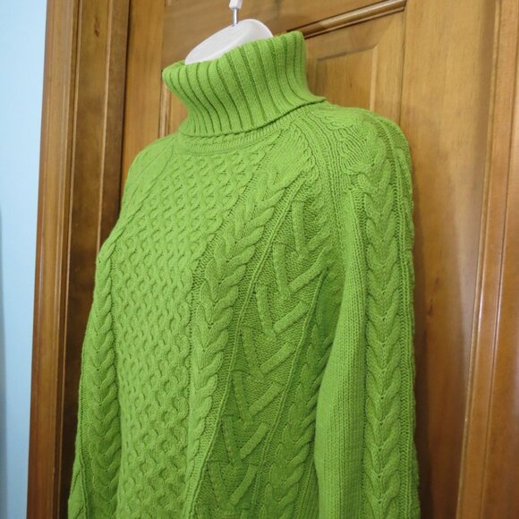 Alison Sheri Chartreuse Turtleneck Cotton Blend Chunky Cable Knit Size Small - Picture 3 of 10